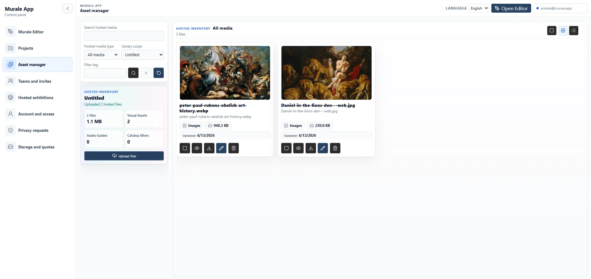 Murale hosted app surface used as current evidence for account-backed media workflows.