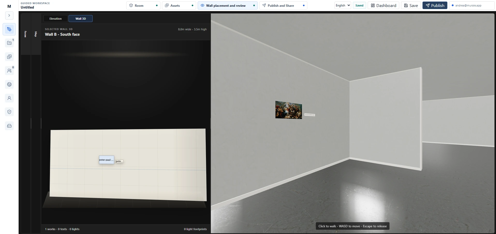 Murale editor with wall placement controls and a 3D exhibition preview.