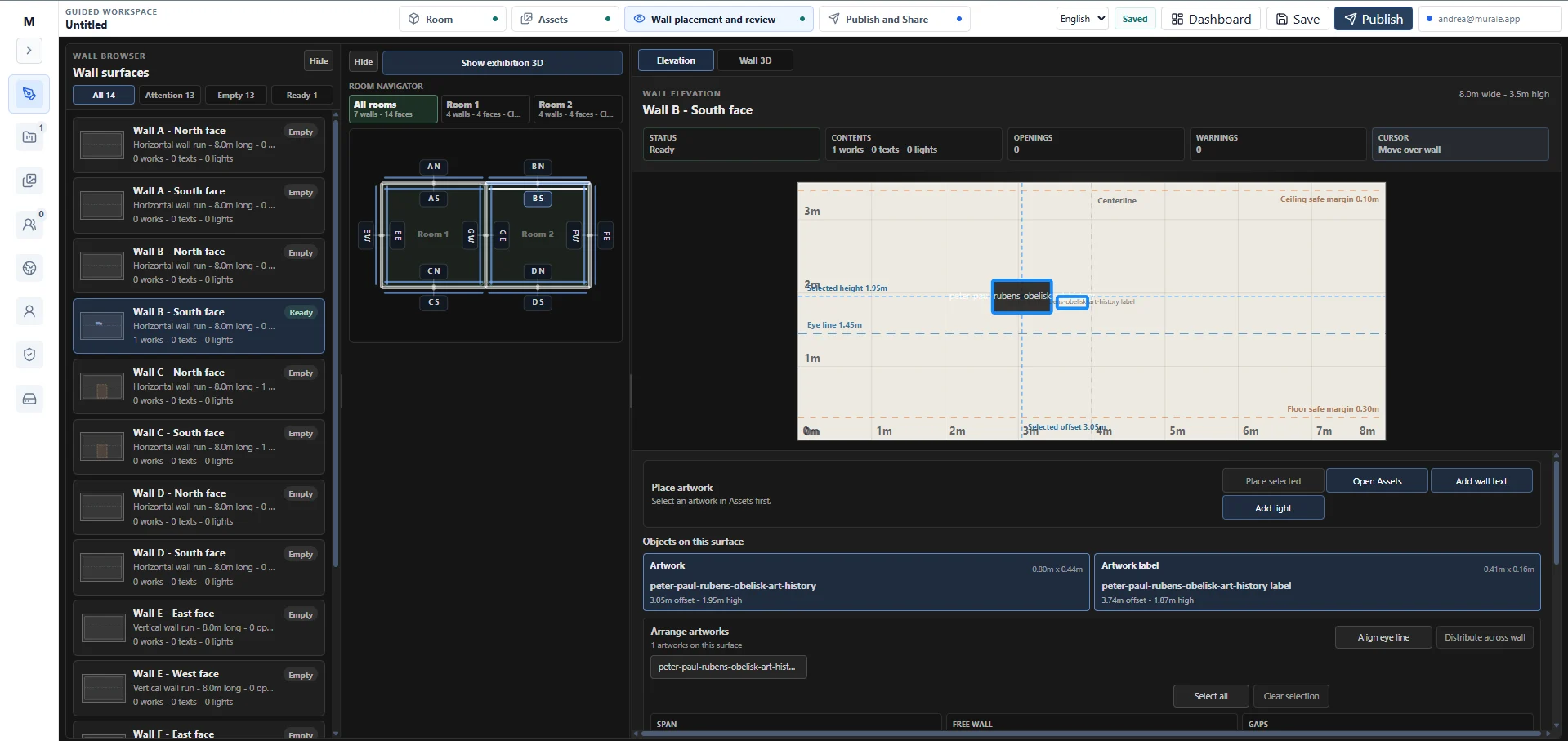 Murale editor showing wall placement and exhibition layout controls.